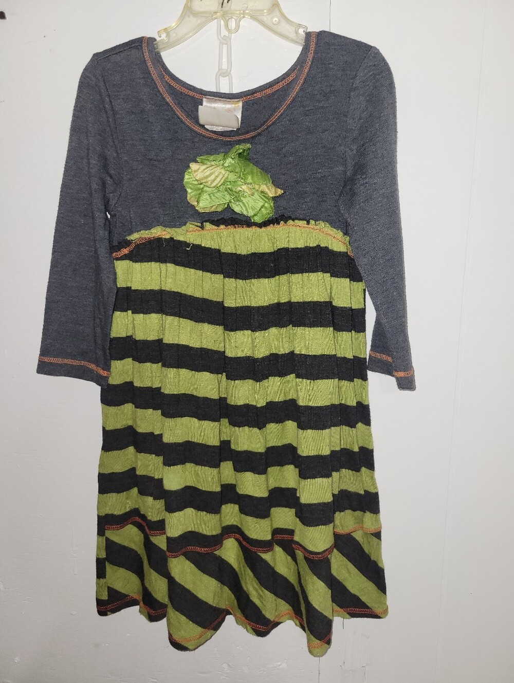 Girls' Black and Green Striped Casual Long-Sleeve Dress